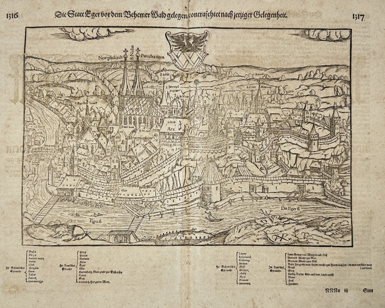 Sebastian Münster – View of the City of Eger (Cheb), Bohemia – Woodcut from Cosmographia – 1550