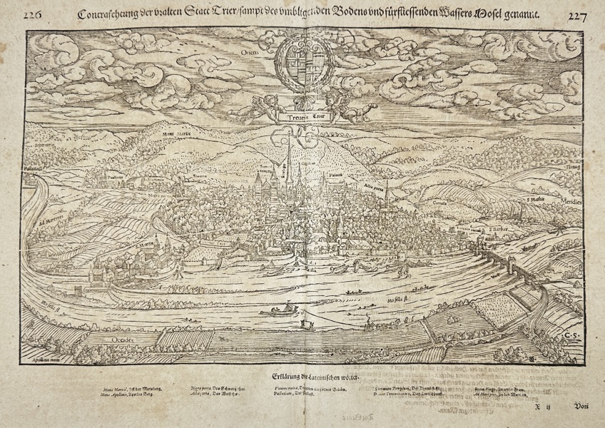 Sebastian Münster – Bird’s-Eye View of Trier (Situs & Figura Antiquissimae & Praecipuae Mediomatricum Civitatis Trevirensis) – Woodcut – 1550