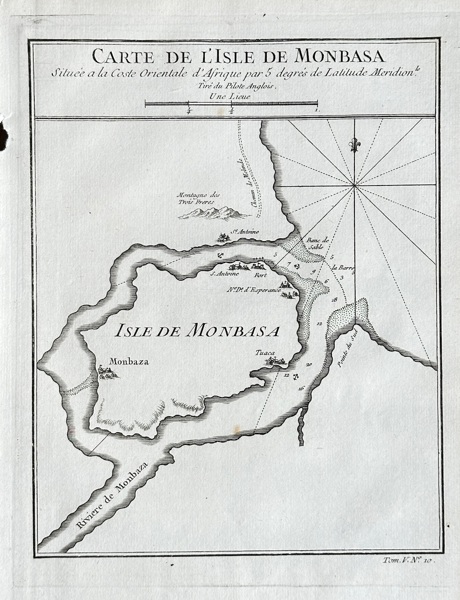 Abbé Antoine François Prévost (1697–1763) – Map of the Island of Mombasa – Engraving (c. 1750)