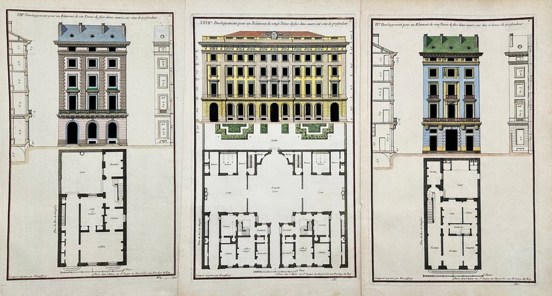 Jean-Francois de Neufforge - Set of 3 Hand-Coloured Architectural Prints