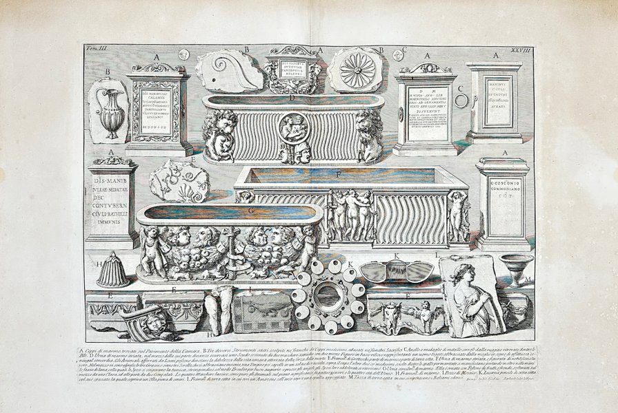 Giovanni Battista Piranesi (1720-1778) - Plate XXVIII, Marble tombstones found on the floor of the chamber