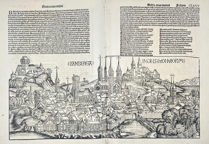 Hartmann Schedel (1440-1514)  – Germany - View of Bamberg and Mons Honagorum – Woodcut