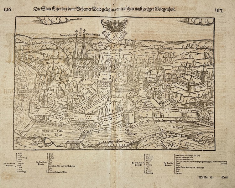 Sebastian Münster – View of the City of Eger (Cheb), Bohemia – Woodcut