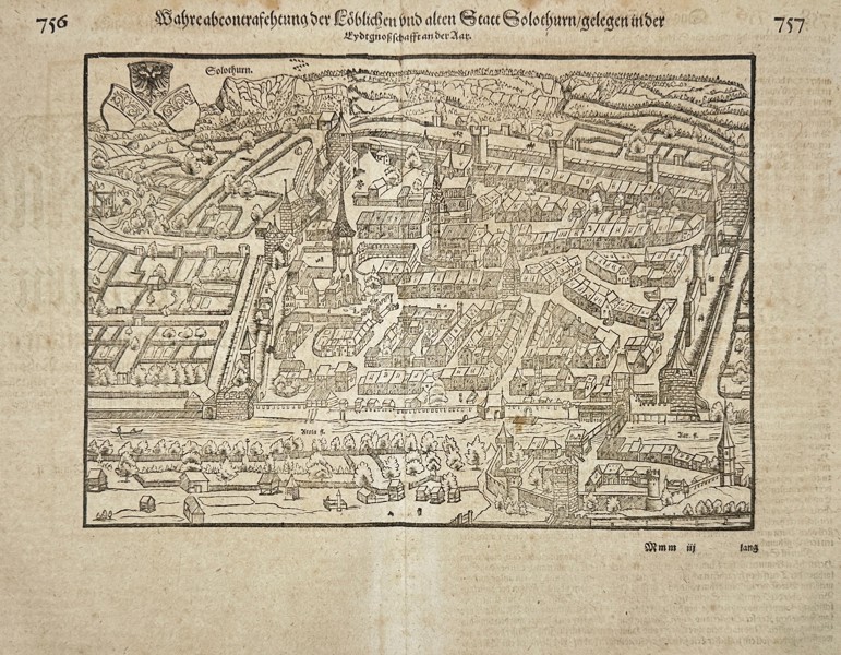 Sebastian Münster – View of Solothurn, Switzerland – Woodcut from Cosmographia
