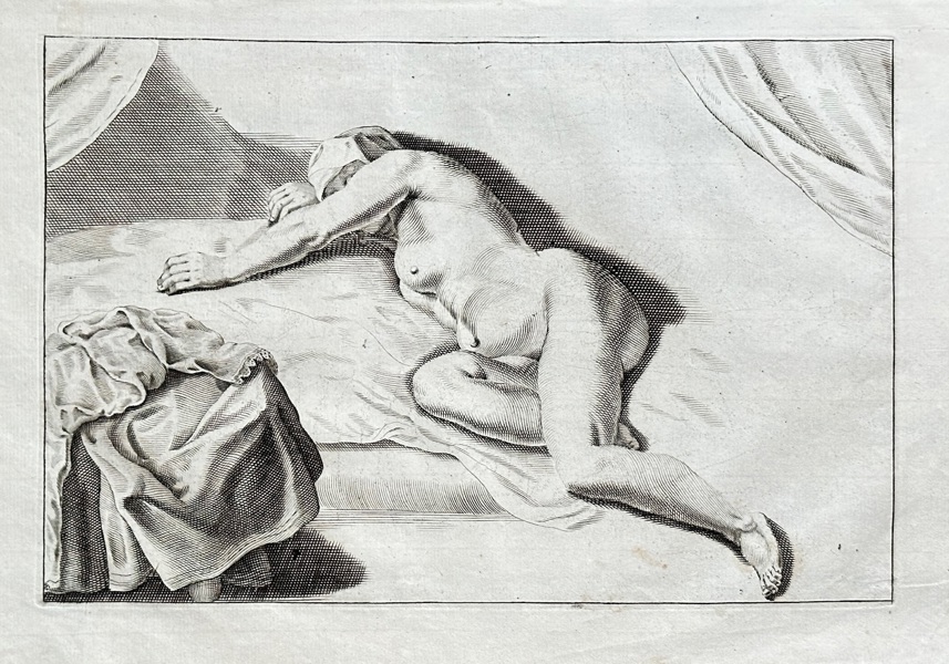 Frederick de Wit (c. 1630–1706) – Reclining Female Nude Study – Engraving (c. 1700)