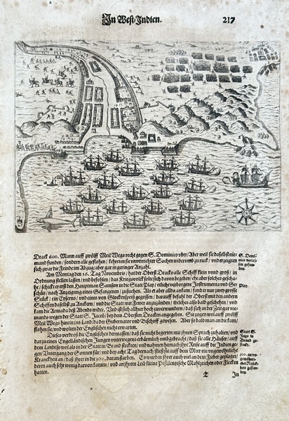 Theodor de Bry (1528–1598) – View of the City and Harbor of Santo Domingo – Engraving (c. 1594)