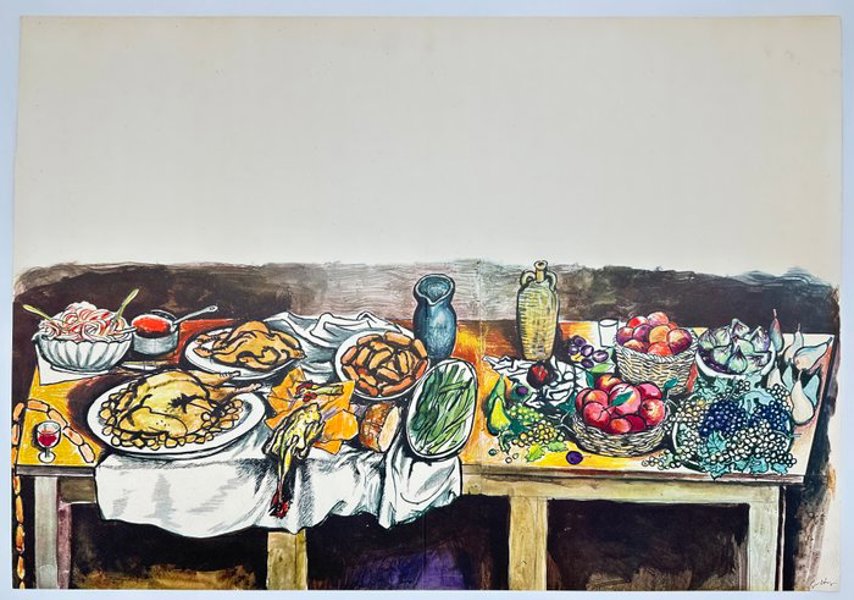 Renato Guttuso (1911-1987) – Banquet Table with Roasted Chicken and Fruit – Silkscreen / Serigraph (c.1967)