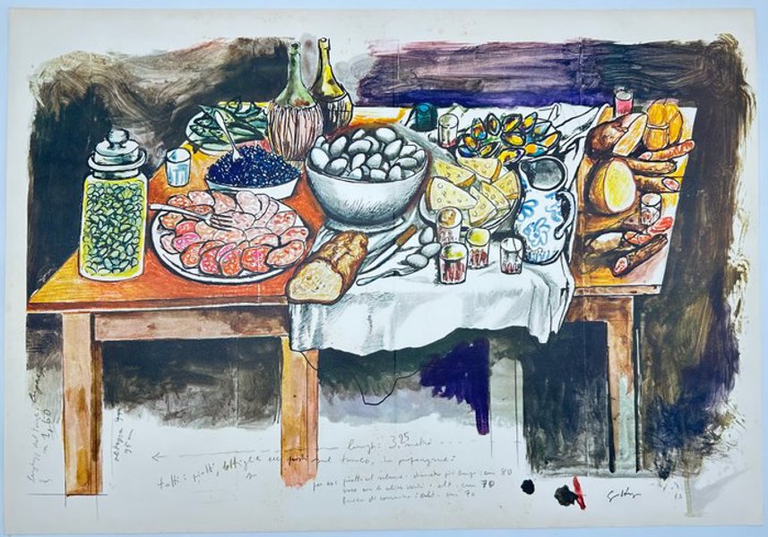 Renato Guttuso (1911-1987) – Table with Sausage and Beans – Silkscreen / Serigraph (c.1967)