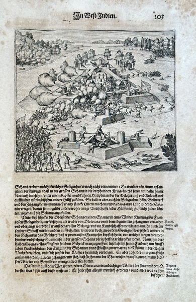 Theodor de Bry (c. 1528–1598) – A Siege and Battle in the West Indies – Engraving (1634)
