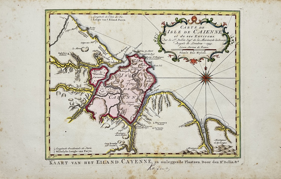 Jacques Nicolas Bellin - Jakob van der Schley - Map of the island and port of Cayenne in French Guiana