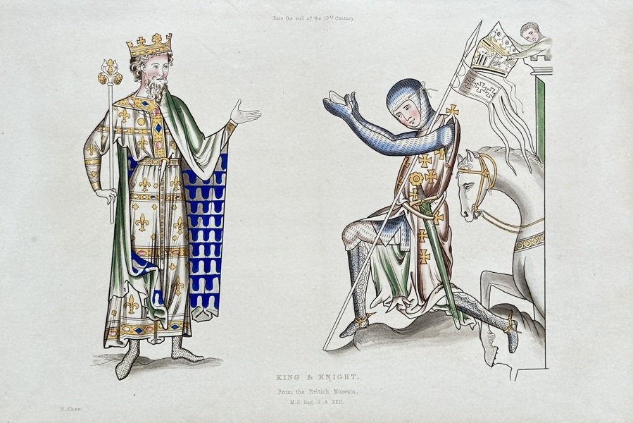 Henry Shaw (1800-1873) – King and Knight – Hand-coloured Engraving (1843)