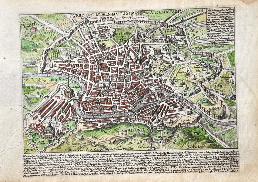 Giacomo Lauro (1561–1645/50) – Map of the City of Rome (Latest Delineation) – Hand-coloured Engraving (Circa 1625)