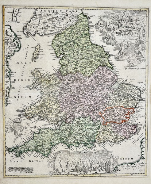 Johann Baptist Homann - Decorative map of England - United Kingdom