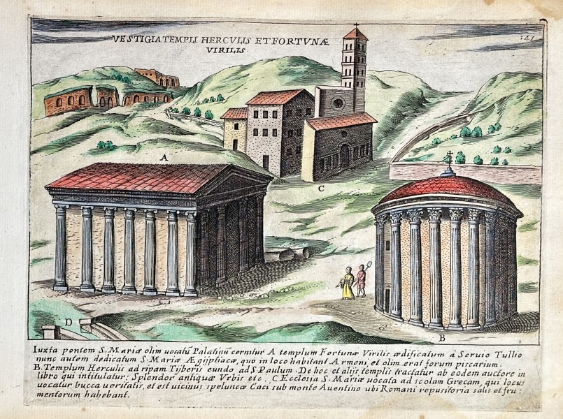 Giacomo Lauro (ca. 1583–1650) – Ruins of the Temples of Hercules and Fortuna Virilis – Hand-coloured Copperplate Engraving (Circa 1630)