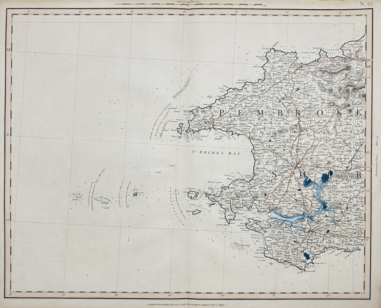 George & John Cary - Map of Pembrokeshire coast - Milford Haven. St Bride's Bay - Map of England and Wales, with a considerable portion of Scotland