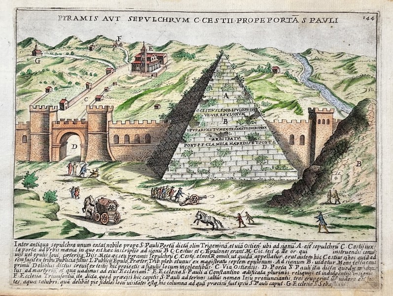 Giacomo Lauro (ca. 1583–1650) – The Pyramid or Sepulchre of C. Cestius near the Gate of St. Paul – Hand-coloured Copperplate Engraving (Circa 1630)