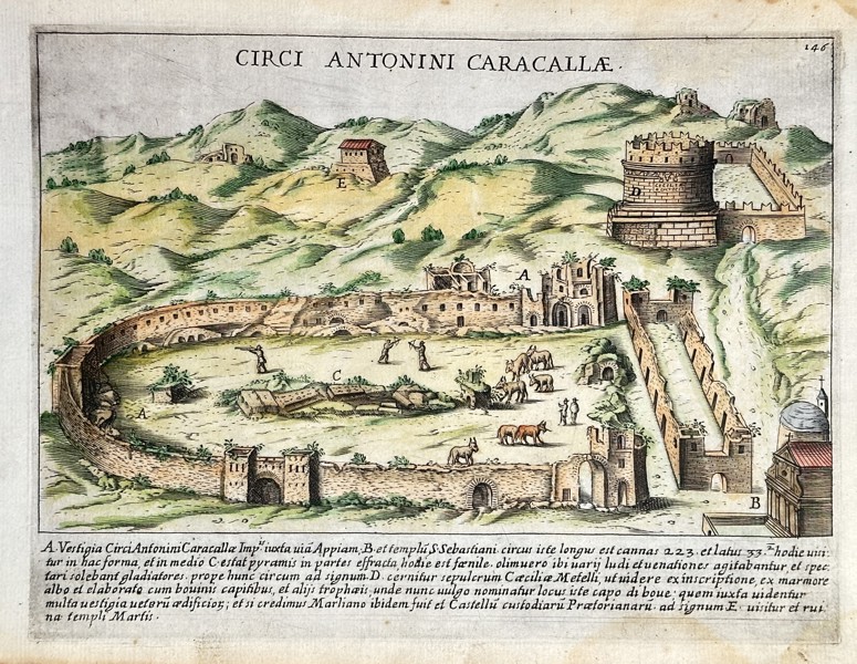 Giacomo Lauro (ca. 1583–1650) – The Circus of Antoninus Caracalla (Circi Antonini Caracallae) – Hand-coloured Copperplate Engraving (Circa 1630)