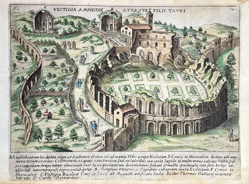 Giacomo Lauro (ca. 1583–1650) – Ruins of the Amphitheater of Titus Statilius Taurus (Vestigia Amphitheatrii D. Statilii Tauri) – Hand-coloured Copperplate Engraving (Circa 1630)