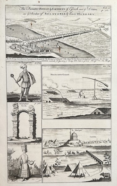 Emanuel Bowen (1693/4–1767) – The Famous Bridge and Fortress of Esseck over the Drave on the Border of Slavonia and Lower Hungary – Copperplate Engraving (Circa 1747)