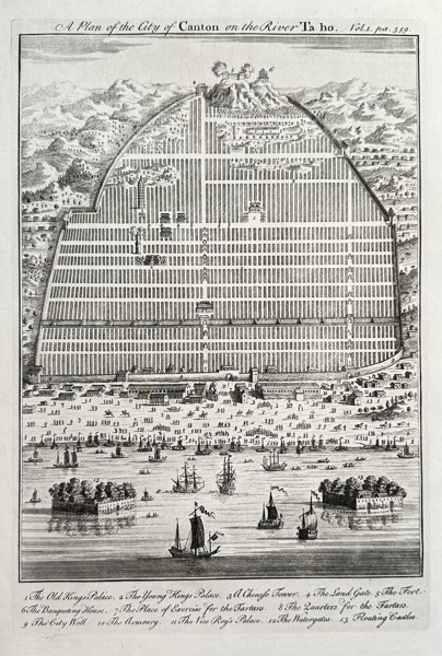Emanuel Bowen (1693/4–1767) – A Plan of the City of Canton on the River Ta-ho (Guangzhou) – Copperplate Engraving (Circa 1744)