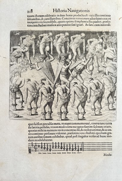 Theodor de Bry (1528–1598) – Indigenous Brazilian Celebration with Musical Notation (The Hœa hœa hœa Song) – Engraving (Circa 1592)