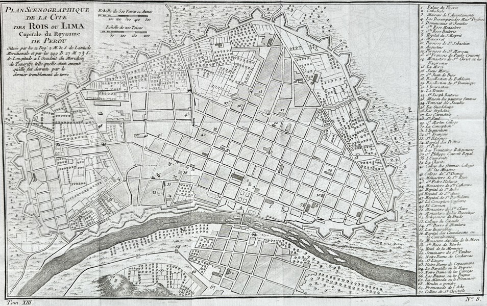 Jean-Baptiste Bourguignon d'Anville (1697–1782) – Scenographic Plan of the City of Kings or Lima, Capital of the Kingdom of Peru – Copper Engraving (Circa 1756)