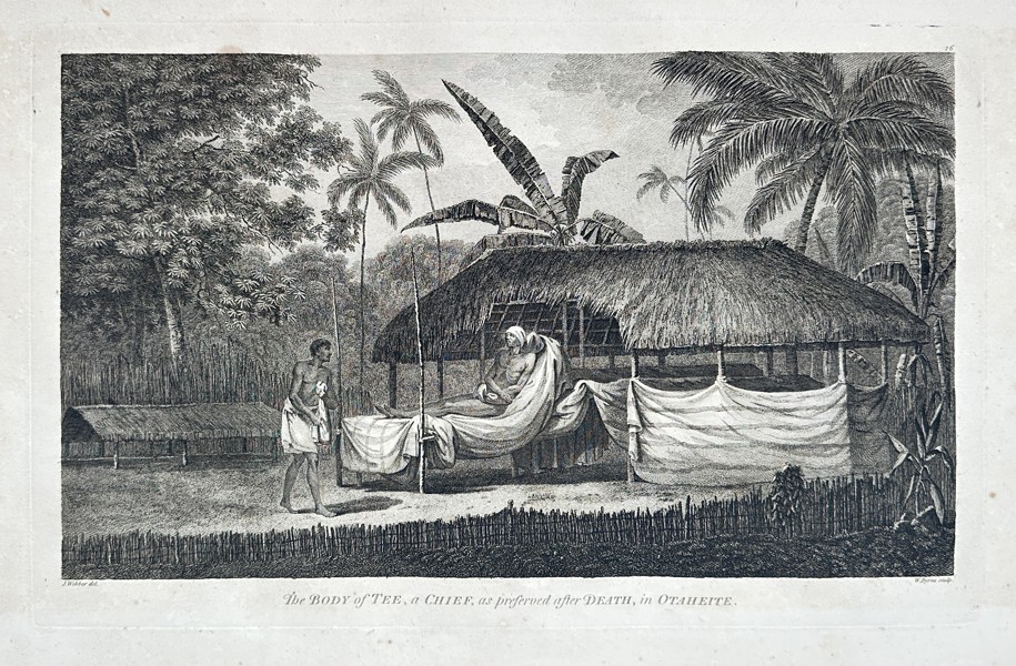John Webber (1751–1793) – The Body of Tee, a Chief, as preserved after Death, in Otaheite – Engraving - Large Folio (1784)