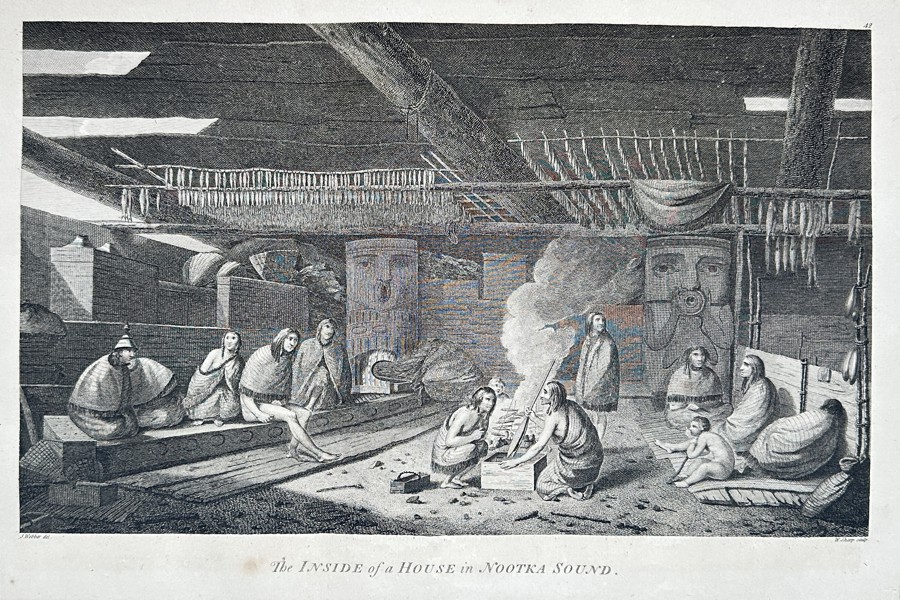 John Webber (1751–1793) – The Inside of a House in Nootka Sound – Engraving - Large Folio (1784)