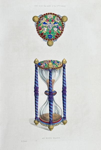 Henry Shaw (1800–1873) – An Hour Glass and Enamelled Medallion – Hand-coloured Engraving (1843)