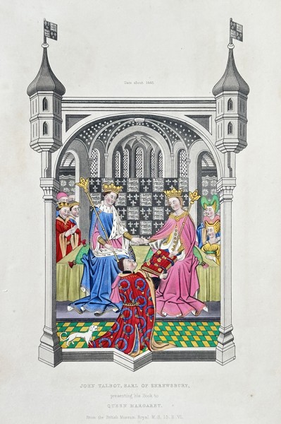 Henry Shaw (1800–1873) – John Talbot, Earl of Shrewsbury, Presenting his Book to Queen Margaret – Hand-coloured Engraving (1843)
