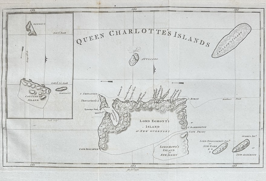 John Hawkesworth (1715–1773) – Queen Charlotte's Islands, Lord Egmont's Island, and Carteret's Island – Copper Engraving (1773)