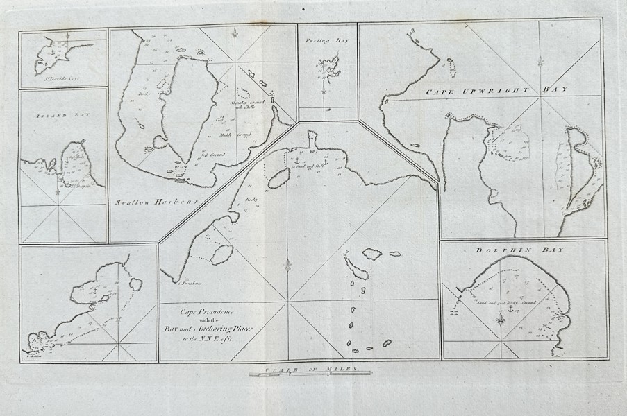 John Hawkesworth (1715–1773) – Charts of Queen Charlotte's Islands Harbours and Bays – Copper Engraving (1773)
