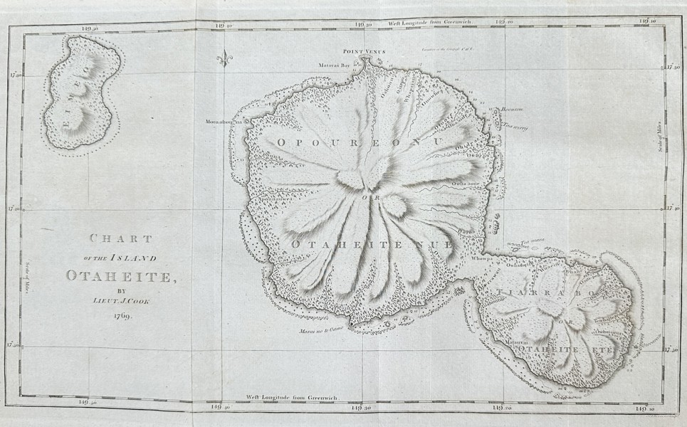 John Hawkesworth (1715–1773) – Chart of the Island Otaheite, Surveyed by Lieutenant J. Cook in 1769 – Copper Engraving (1773)