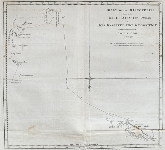John Hawkesworth (1715–1773) – Chart of the Discoveries Made in the South Atlantic Ocean in H.M. Ship Resolution – Copper Engraving (1777)