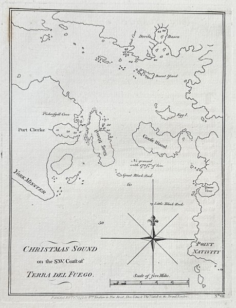 John Hawkesworth (1715–1773) – Christmas Sound on the Southwest Coast of Tierra del Fuego – Copper Engraving (1773)