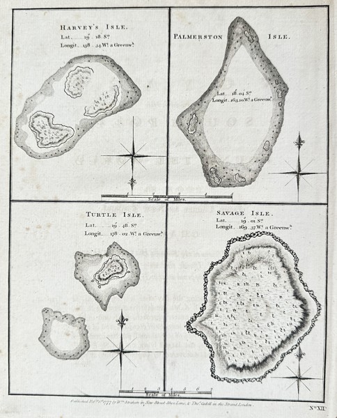John Hawkesworth (1715–1773) – Charts of Savage Isle, Palmerston Isle, Turtle Isle, and Harveys Isle – Copper Engraving (1777)