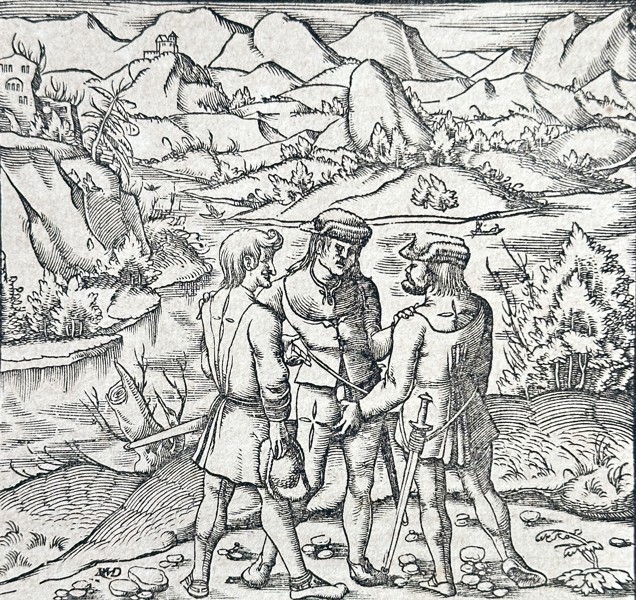 Sebastian Münster (1488–1552) – Noblemen and Peasant Figures in a Mountainous Landscape – Woodcut (Circa 1550)