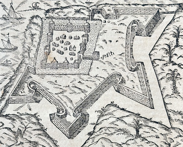 Sebastian Münster (1488–1552) – True Depiction of Gorée Island with its Fortification – Woodcut (Circa 1570)