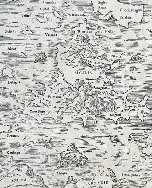 Sebastian Münster (1488–1552) – Map of the Island and Kingdom of Sicily – Woodcut (Circa 1550)