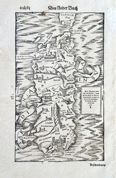 Sebastian Münster (1488–1552) – Map of Sardinia and Corsica – Woodcut (Circa 1550)