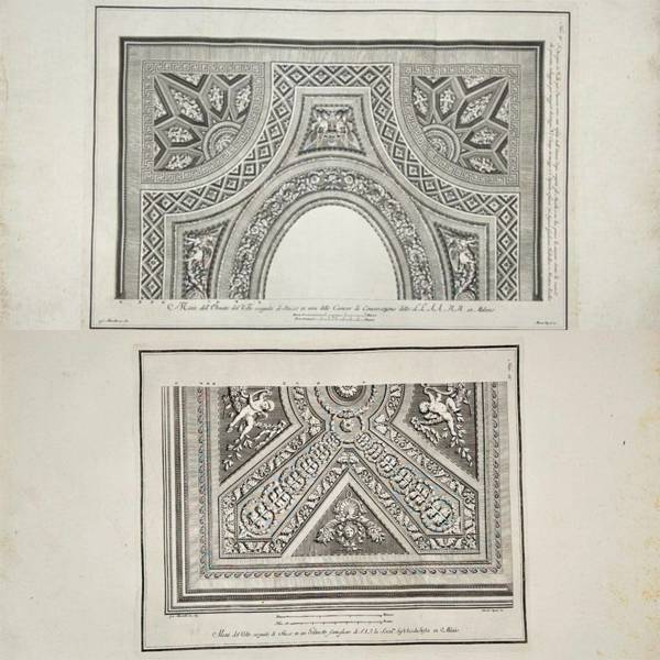 Giocondo Albertolli (1742–1839) – Set of 2: Geometric and Vegetal Design and Ceiling Design with Cherubs – Copper Engraving (1778–82)