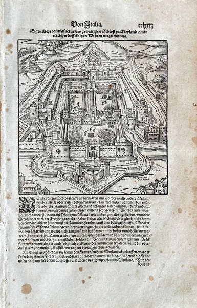 Sebastian Münster (1488-1552) – Of Italy. True Portrait of the Mighty Castle in Milan – Woodcut (1550)