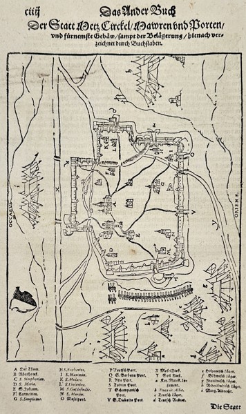 Sebastian Münster (1488–1552) – Veiw of the Metz, France (Der Statt des Cirkel Dauern und Vercen) – Woodcut with Letterpress Text (Circa 1544–1592)