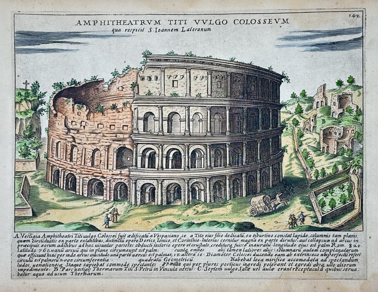 Giacomo Lauro (Circa 1583–1645) – Illustration of The Colosseum (Colosseum, Rome) – Hand-colored engraving (Circa 1620)