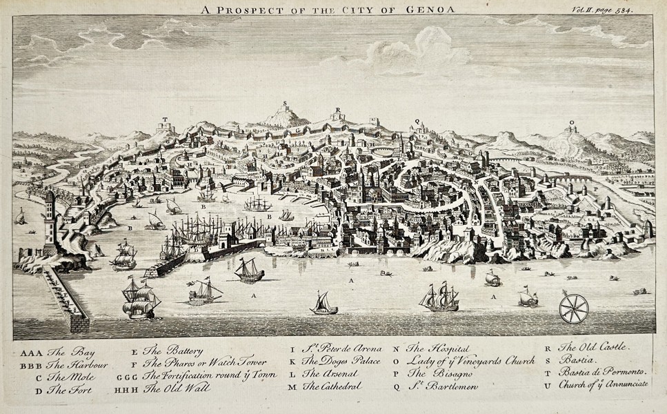 Emanuel Bowen (1694–1767) – A Prospect of the City of Genoa (Italy) – Engraving (1746)