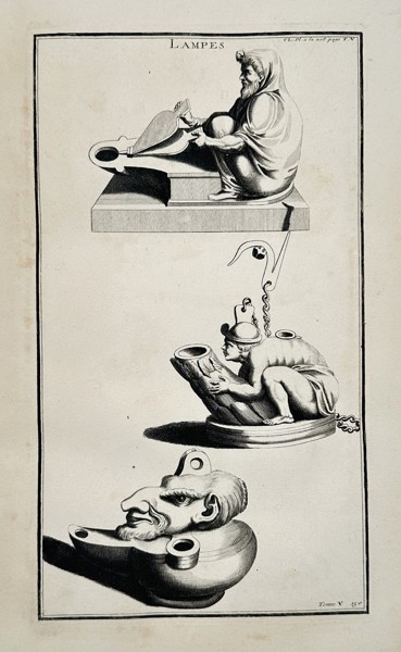 Bernard de Montfaucon (1655–1741) – Ancient Lamps with Grotesque Figures and a Vendor – Engraving (Circa 1724)