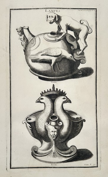 Bernard de Montfaucon (1655–1741) – Ancient Lamps with Animal and Grotesque Motifs – Engraving (Circa 1724)