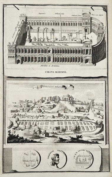 Jan Goeree (1670–1731) – Views and Reconstruction of the Circus Maximus, with Roman Coins (Rome, Italy) – Engraving (Circa 1694-1699)