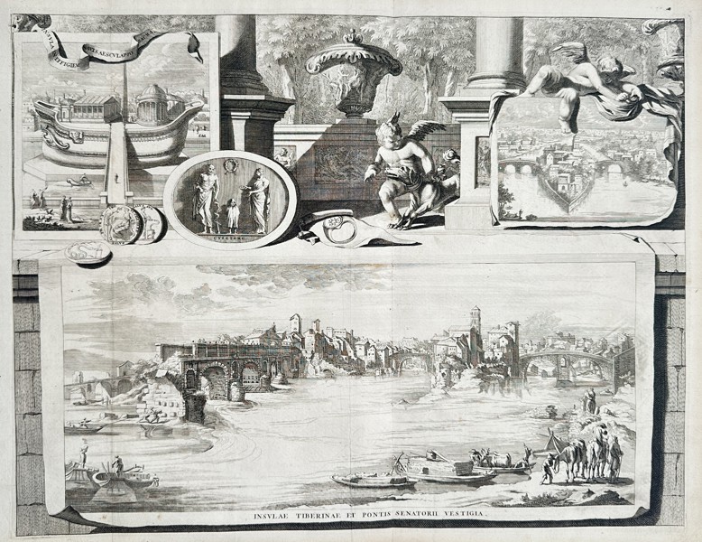 Willem Goeree (1635–1711) – View of Tiber Island and the Ruins of the Senatorial Bridge – Engraving (c. 1725)
