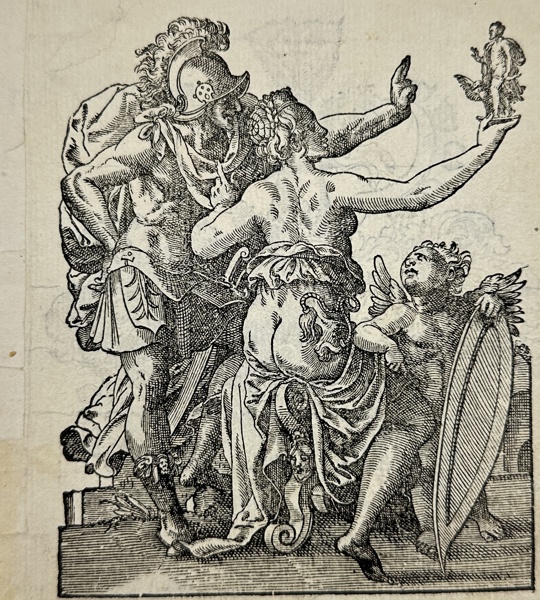 Jost Amman (1539-1591) - Allegorical Woodcut - Jason and Medea - Medea holding a small statue - 1578